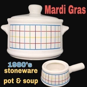 1980's/90's Mardi Gras pattern stoneware? cooking pot & French onion soup bowl